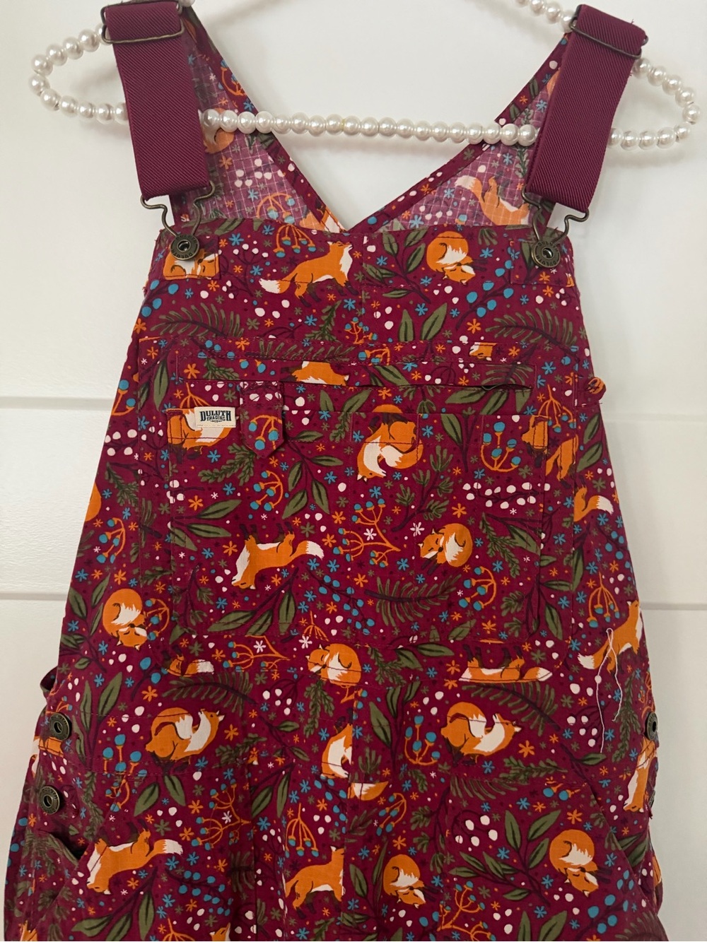 Duluth Trading Co Maroon Floral Fox Print Overalls - Picture 4 of 13